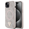 Guess Orjinal Lisanslı Apple iPhone 14 Kılıf M-Safe Şarj Özellikli Pu Üçgen Logo 4G Desenli Kapak Pembe