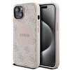 Guess iPhone 15 MagSafe Uyumlu Circle Classic Yazı Logolu Pembe Kılıf