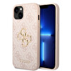 Guess Orjinal Lisanslı Apple iPhone 15 Kılıf Pu Deri Yazı Ve 4G Metal Logolu Desenli Kapak Pembe