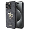 Guess Orjinal Lisanslı Apple iPhone 15 Pro Max Kılıf  PU Deri Yazı ve 4G Metal Logolu Desenli Kapak Gri