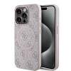 Guess Orjinal Lisanslı Apple iPhone 15 Pro Max Kılıf M-safe Şarj Özellikli PU Halkalı 4G Desenli Yazı Logolu Kapak Pembe