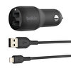 Belkin 24W Hızlı Araç Şarj Cihazı 2 Port USB Siyah Apple Lightning Kablo