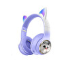 Torima HD11 Sevimli Kedi Karikatür Kulak Led Işıklı 5.3 Kulak Üstü Bluetooth Kulaklık Mor