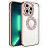 Gpack Apple iPhone 13 Pro Max Kamera Korumalı Taş Süslemeli Arkası Şeffaf Silikon Bronz Kılıf