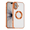 Başkenttekno iPhone 17 Kılıf Logo Gösteren Parlak Kenarlı Kamera Lens Korumalı Şeffaf Omega Silikon Kapak Turuncu