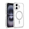Başkenttekno iPhone 16 Kılıf Premium M-Safe Şarj Özellikli Şeffaf Kenari Taşli Simli Tera Silikon Kapak Şeffaf