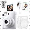 Fujifilm Instax Mini 12 Beyaz Fotoğraf Makinesi - 10'lu Film - Kıskaçlı Resim Standı ve Simli Pleksi Kılıf Seti