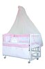 Babycom Beyaz Rüya  60x120 CM Anne Yanı Sallanır Tekerlekli Beşik + Pembe Çiçekli Uyku Seti