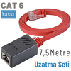 Irenis 7.5 Metre  CAT6 Kablo Uzatma Seti Yassı Ethernet Kablo ve Ekleyici Kırmızı