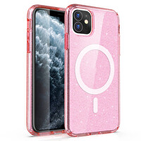 Zore Apple iPhone 11 Kılıf M-Safe Şarj Özellikli Parlayan Simli Saydam Renkli Zore Allstar Kapak Pembe