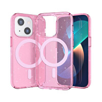 Zore Apple iPhone 13 Kılıf M-Safe Şarj Özellikli Parlayan Simli Saydam Renkli Allstar Kapak Pembe