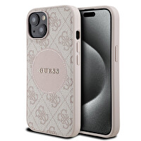 Guess iPhone 15 MagSafe Uyumlu Circle Classic Yazı Logolu Pembe Kılıf