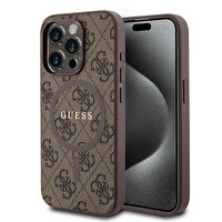 Guess Orjinal Lisanslı Apple iPhone 15 Pro Kılıf M-Safe Şarj Özellikli Pu Halkalı 4G Desenli Yazı Logolu Kapak Kahverengi