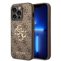 Guess Orijinal Lisanslı Apple iPhone 15 Pro Max PU Deri Yazı ve 4G Metal Logolu Desenli Kapak Kahverengi