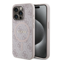 Guess Orjinal Lisanslı Apple iPhone 15 Pro Max Kılıf M-safe Şarj Özellikli PU Halkalı 4G Desenli Yazı Logolu Kapak Pembe