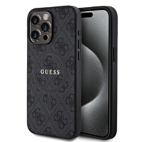 Guess Orjinal Lisanslı Apple iPhone 15 Pro Max Kılıf M-safe Şarj Özellikli PU Halkalı 4G Desenli Yazı Logolu Kapak Siyah
