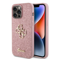 Guess Orjinal Lisanslı Apple iPhone 15 Pro Max Kılıf 4G Büyük Metal Logolu Glitter Kapak Pembe