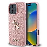 Guess Orjinal Lisanslı Apple iPhone 16 Pro Kılıf 4G Büyük Metal Logolu Glitter Kapak Pembe