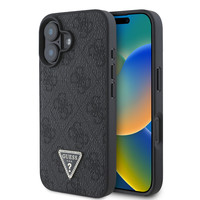 Guess iPhone 16 MagSafe Uyumlu PU Deri Taşlı Üçgen Logo 4G Desenli Strass Siyah Kılıf