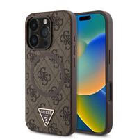 Guess Orjinal Lisanslı Apple iPhone 16 Pro Kılıf M-safe Şarj Özellikli PU Üçgen Logo 4G Desenli Kapak Kahverengi