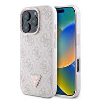 Guess Orjinal Lisanslı Apple iPhone 16 Pro Kılıf  M-Safe Şarj Özellikli Pu Deri 4G Desenli Taşlı Üçgen Logolu Kapak Pembe