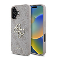 Guess Orjinal Lisanslı Apple iPhone 16 Kılıf PU Deri 4G Desenli Metal Büyük 4G ve Yazı Logolu Kapak Pembe