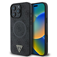 Guess Orjinal Lisanslı Apple iPhone 16 Pro Max Kılıf M-Safe Şarj Özellikli Pu Üçgen Logo 4G Desenli Kapak Siyah