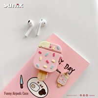 Sunix Airpod 1 ve 2. Nesil Uyumlu Dondurma Desenli Funny Silikon Kılıf Pembe