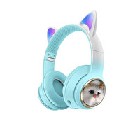 Torima HD11 Sevimli Kedi Karikatür Kulak Led Işıklı 5.3 Kulak Üstü Bluetooth Kulaklık Mavi