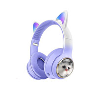 Torima HD11 Sevimli Kedi Karikatür Kulak Led Işıklı 5.3 Kulak Üstü Bluetooth Kulaklık Mor