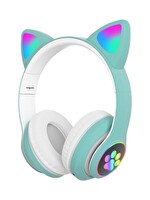 MIIQ2 Stn-28 SD Kart Girişli Bluetooth LED Işıklı Mikrofonlu Kedi Kulaklığı- Yeşil