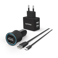 Philips DLP2553EC Siyah Araç İçi Şarj Cihazı & Duvar Şarj Cihazı & Type-C Kablo
