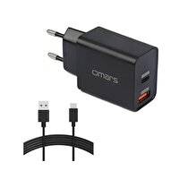 Omars 18W Çift Çıkışlı Type-C To USB Hızlı Şarj Cihazı ve 1 M Type-C Kablo