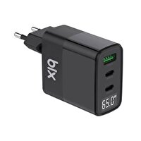 Bix 65W USB Type-C QC 4.0 PD 3.0 LED Göstergeli GAN 3 Portlu Siyah Hızlı Şarj Cihazı