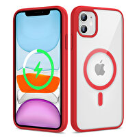 Gpack Apple iPhone 11 Kılıf Ege Transparan Wireless Şarj Özellikli Buttom Magsafe Silikon Kırmızı