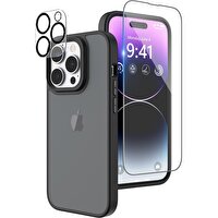 Gpack Apple iPhone 14 Pro Kılıf İmpact Alpin Mat Buzlu Kapak Siyah + Nano Ekran Koruyucu + Kamera Ko
