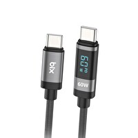Bix Type-C to Type-C 60W Örgülü LED Dijital Ekranlı Şarj ve Data Kablosu 1 Metre