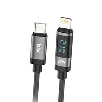 Bix BX06CL Type-C to Lightning 27W Örgülü LED Dijital Ekranlı Şarj ve Data Kablosu 1 M