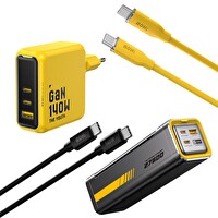 Aohi Youth 140W 3 Portlu 27.600 mAh 240W PD3.1 Powerbank 140W 1 M PD 3.1 480 Mbps Süper Hızlı Sarı Şarj Data Kablosu Seti