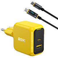 Aohi Magcube 67W 2 Portlu Şarj Adaptörü 140W LED Ekranlı Naylon Örgülü Süper Hızlı Sarı Siyah Şarj Data Kablosu Seti