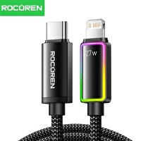 Rocoren 27W Type-C To Lightning RGB Aydınlatmalı Örgülü 1 Metre Şarj ve Data Kablosu