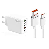 ScHitec SR30 120W 3 Type-C+2 UsbA 5 Çıkışlı Şarj Aleti Set 6A 100W UsbA to Type-C 1M Hızlı Data Şarj Kablosu