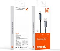 Mcdodo Siyah CA-5660 USB-A iPhone Uyumlu Led Işıklı Şarj Kablosu 1.2 M