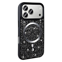 Başkenttekno iPhone 17 Pro Max Kılıf Pırlanta Tasarımlı Kablosuz Şarj Özellikli Mozaik Silikon Kapak Siyah 