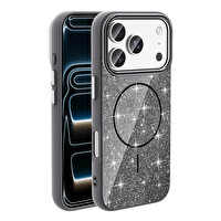 Başkenttekno iPhone 17 Pro Max Kılıf Kablosuz Şarj Özellikli Parlayan Simli Okso Kapak Siyah 