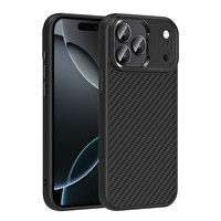 Başkenttekno iPhone 17 Pro Max Kılıf Kablosuz Şarj Özellikli Karbon Fiber Görünümlü Truva Silikon Kapak Siyah 