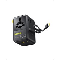 Baseus Enercore CG11 Super Hızlı Universal Seyahat Adaptörü Çekmeli Kablolu 2AC+2U+2C 70W Siyah