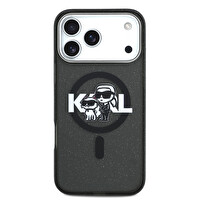 Karl Lagerfeld iPhone 17 Pro Max Kılıf Karl Lagerfeld Lisanslı Parlayan Simli Karl & Choupette Sketch Logo Kapak Siyah 