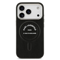 Karl Lagerfeld iPhone 17 Pro Max Kılıf Karl M-Safe Şarj Metal Kamera ve Buton Tasarımlı Paris RSG PU Deri Ka Siyah 