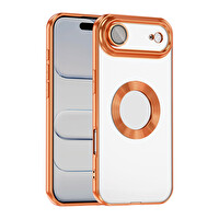 Başkenttekno iPhone 17 Air Kılıf Logo Gösteren Parlak Kenarlı Kamera Lens Korumalı Şeffaf Omega Silikon Kapak Turuncu
